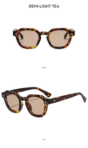 Details der Polygon-Sonnenbrille mit Schildpatt-Rahmen und hellbraunen Gläsern im Design