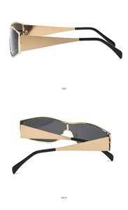 Side and back views of oversized futuristic gold frame sunglasses with black lenses
