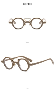 Front and side view of coffee-colored retro geometric sunglasses with gold metal bridge