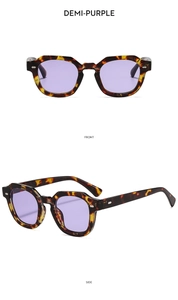 Detaillierte Vorder- und Seitenansicht der lila Polygon-Sonnenbrille mit Schildpattrahmen