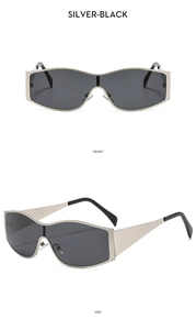 Front and side views of silver-black shield sunglasses with futuristic metal frame