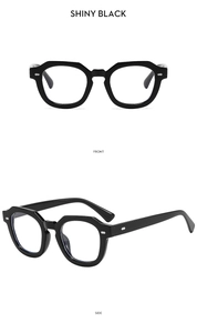 Schwarze Polygon-Sonnenbrille mit metallischen Doppelnieten in Front- und Seitenansicht