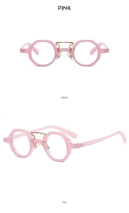 Front and side views of pink polygonal sunglasses with a gold metal nose bridge