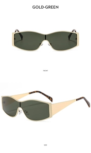 Front and side views of gold metal oversized shield sunglasses with dark green lenses