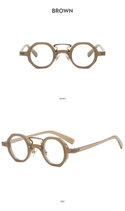 Macro detail of retro polygon sunglasses with brown frame and gold metal nose bridge