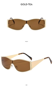 Front and side views of gold metal frame cycling sunglasses with brown tinted lenses