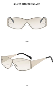 Front and side views of silver futuristic oversized wrap-around sports sunglasses