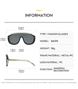 Dimensions détaillées des lunettes de soleil tendance à large monture en métal et PC