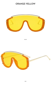 Vues de face et de profil de lunettes de soleil orange-jaune avec monture en métal doré