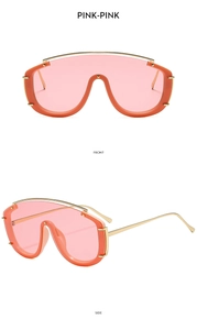 Vues de face et de profil de lunettes de soleil masque roses avec monture orange et or