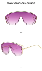Détail de lunettes de soleil masque avec verres dégradés violets et rivets dorés