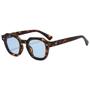 Retro-Sonnenbrille mit dickem Schildpatt-Rundrahmen, hellblauen Gläsern und Metallnieten