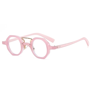 Retro hip hop sunglasses with pink polygonal frames and golden metal double bridge bridge