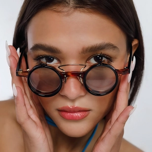 Retro Round Sunglasses Punk Double Bridge UV400 Protection PC Metal Lightweight Fashion Eyewear For Men Women