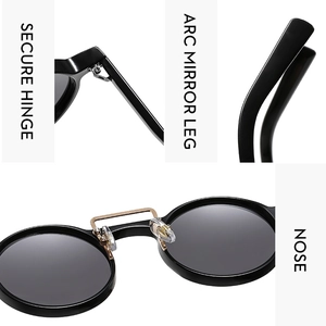 Detail view of secure hinges, arc mirror legs, and nose pads on round retro sunglasses