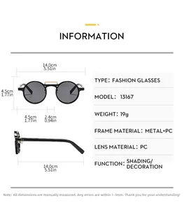 Detailed technical specification chart for retro round sunglasses showing frame dimensions