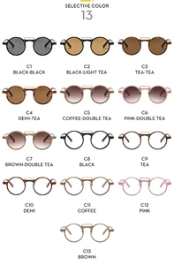 Collage of 13 styles of retro round sunglasses and frames in various colors