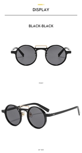 Front and side views of black round retro punk sunglasses with golden metal bridge detail
