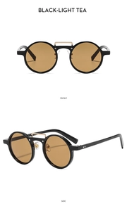 Front and side views of retro round sunglasses with black frames and light tea lenses