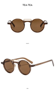 Front and side view of round tea-colored translucent sunglasses with double bridge frame