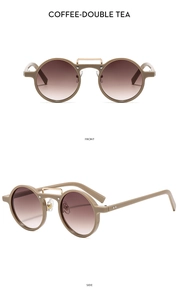 Detail view of coffee-colored round vintage sunglasses with double tea gradient lenses