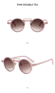 Front and side view of retro round sunglasses with translucent pink frames and tea lenses