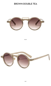 Front and side views of round vintage sunglasses with double bridge and tea gradient lenses