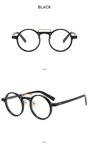 Front and side views of vintage black round sunglasses with double-bridge metal frame