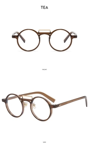Retro round tea sunglasses detail showing dual-bridge metal nose piece and side view