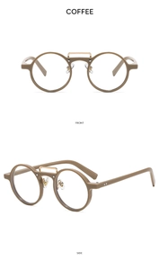 Retro round sunglasses in coffee brown with golden metal bridge, front and side views