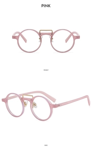 Front and side view of pink round sunglasses with double gold metal bridge