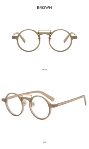 Detailed front and side views of brown retro round sunglasses with metal bridge detail