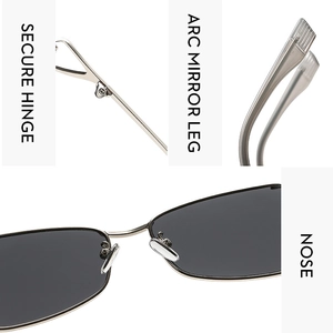 Détails de lunettes de soleil argentées montrant charnières, branches et plaquettes