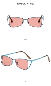 Vues de face et de côté de lunettes œil-de-chat bleues avec verres rouges anti-lumière bleue