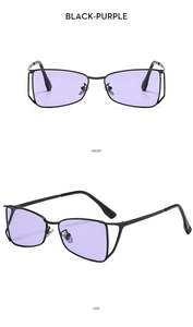 Vues de face et de profil de lunettes de soleil en métal noir avec des verres violets
