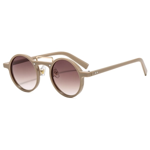 Retro khaki round sunglasses with gradient brown lenses and golden metal bridge