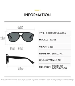 Detailed size chart for pilot sunglasses with dimensions in cm and inches for perfect fit