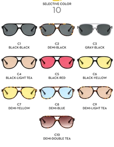 Detailed catalog of pilot sunglasses featuring 10 colorful frame and lens variations