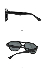 Side and back views of black pilot sunglasses featuring a durable double bridge design