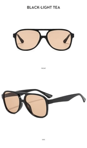Front and side view of pilot sunglasses with black frame and light tea lenses