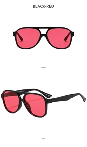 Detail of pilot sunglasses with black frame and red lenses from front and side angles