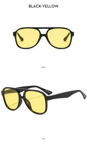 Front and side view of black aviator sunglasses with yellow lenses for driving
