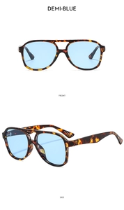 Front and side views of demi-blue pilot sunglasses with double bridge and blue lenses