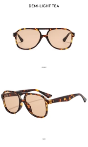 Front and side views of double-bridge aviator sunglasses in demi-light tea color