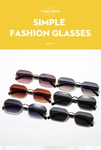Collection of polygonal metal frame sunglasses with gradient and solid lenses displayed