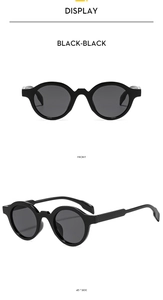 Front and side view of thick-frame retro round sunglasses in classic black-on-black