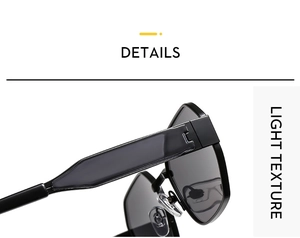 Close-up of durable metal hinges and wide temples on stylish polygonal sunglasses