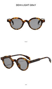 Detailed front and side view of demi-light gray tortoiseshell retro round sunglasses