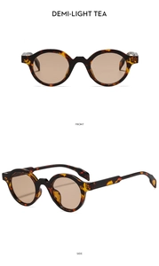Detailed front and side view of retro round sunglasses in Demi-Light Tea tortoiseshell
