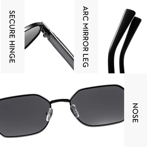 Detail view of black geometric sunglasses featuring secure hinges and arc mirror legs